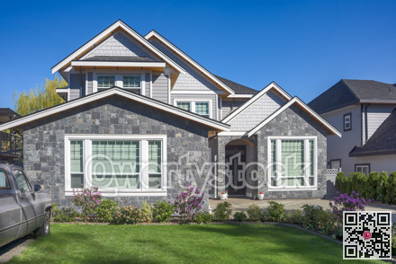 A perfect neighbourhood. Brand new luxury family house on bright spring day