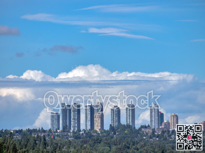 Scenery view of Metrotown cityscape on cloudy sky background