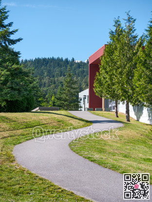 A winding path on the slope leading to an office building
