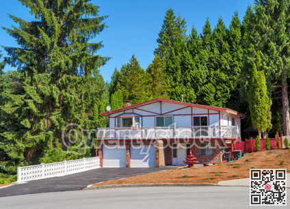 Family residential house with double garage and tall trees on the back yard