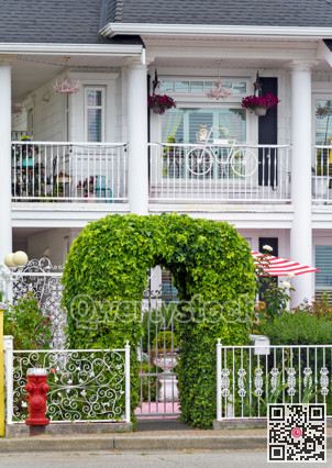 Patterned forged fence with green ivy arch in front of residential house