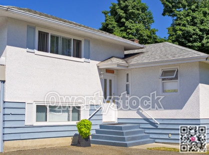 A perfect neighbourhood. Door steps and decorative flower in front of residential house entrance